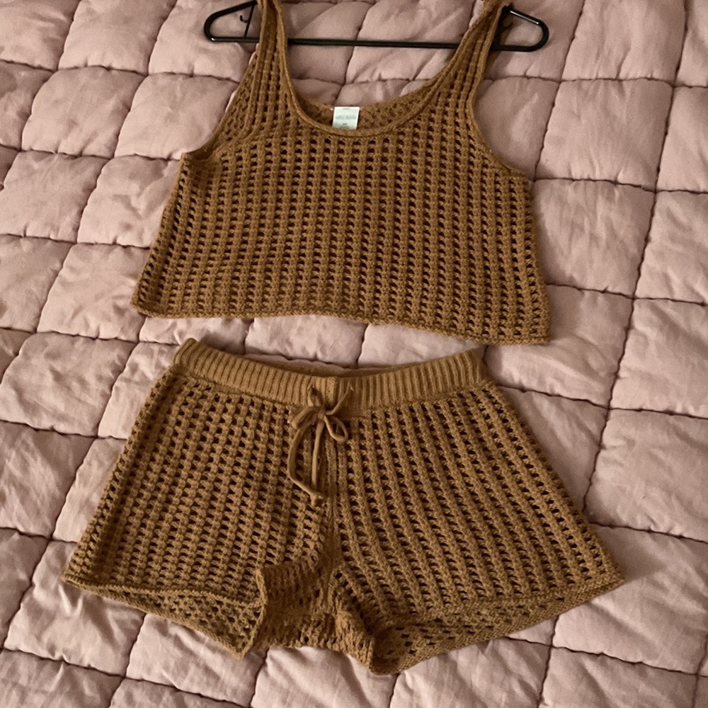 Like New Wild Fable Brown Crochet High Waist Shorts Set
